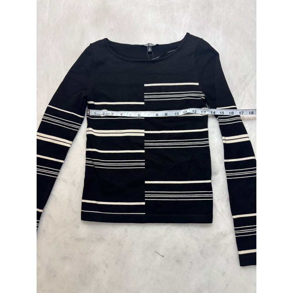 Steve Madden Womens Asymmetrical Striped Long Sleeve Knit Top Black White sz sm - Picture 2 of 10